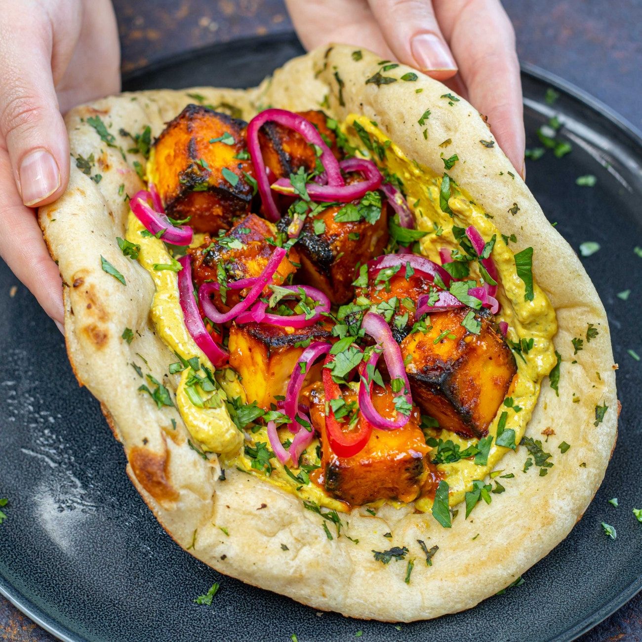 Sticky mango paneer naan-kebabs
