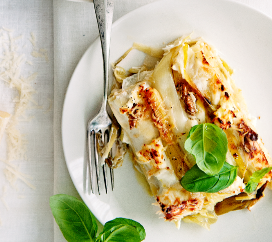 Prei-ricotta lasagne met walnoten