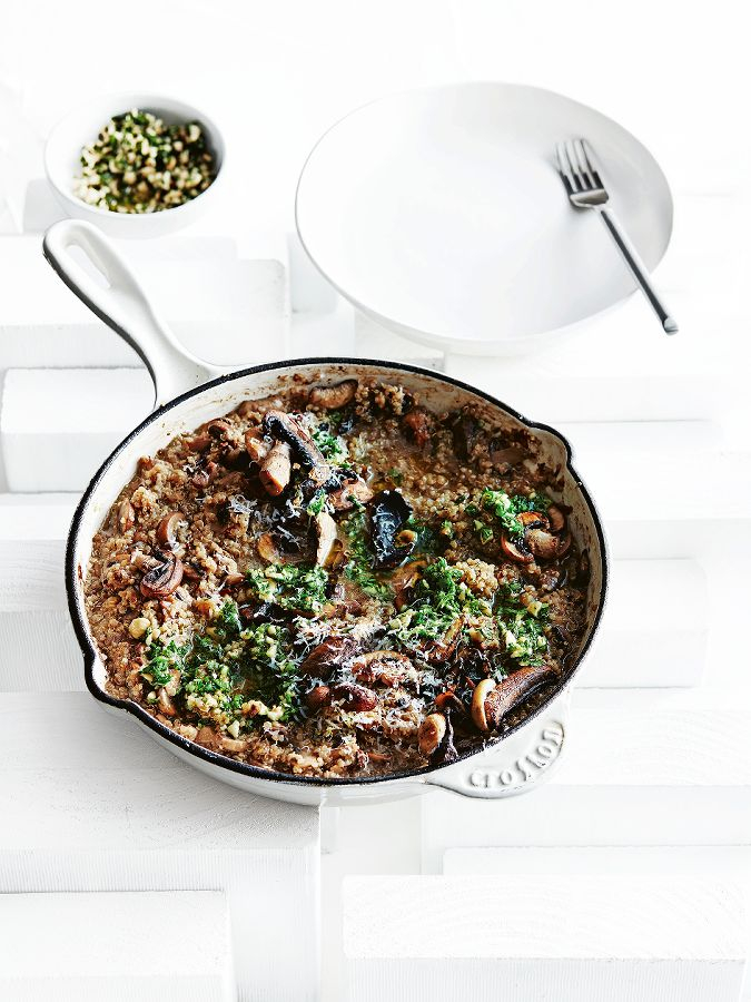 Quinoa-risotto met paddenstoelen en hazelnotengremolata