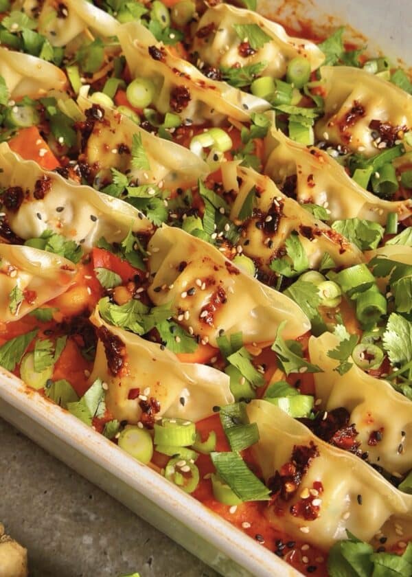 Dumpling bake met pompoen en kikkererwten