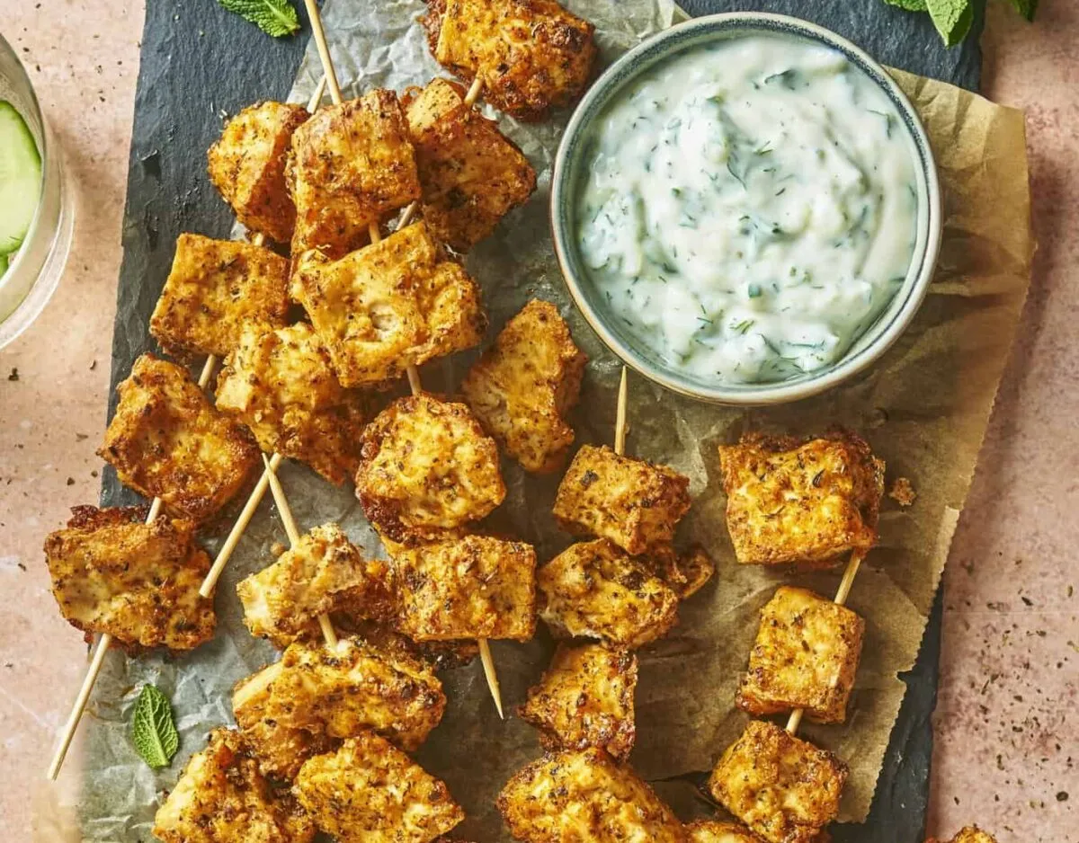 Tofu-souvlaki met zelfgemaakte tzatzikia