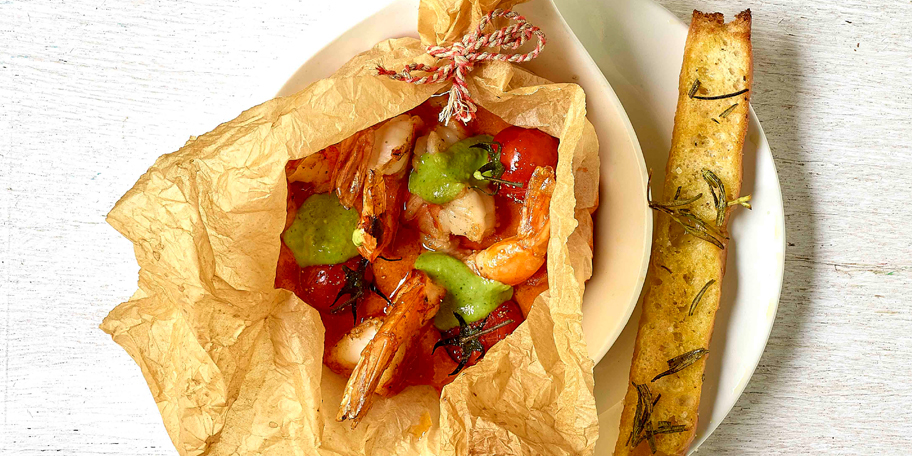 Scampi\'s diabolo met mascarpone en basilicum