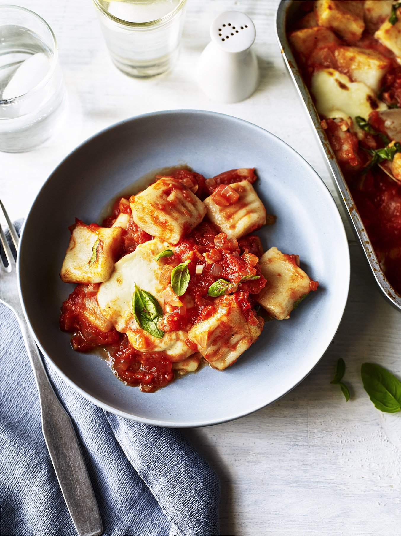 Gnocchi met tomaten-gorgonzolasaus en pancetta