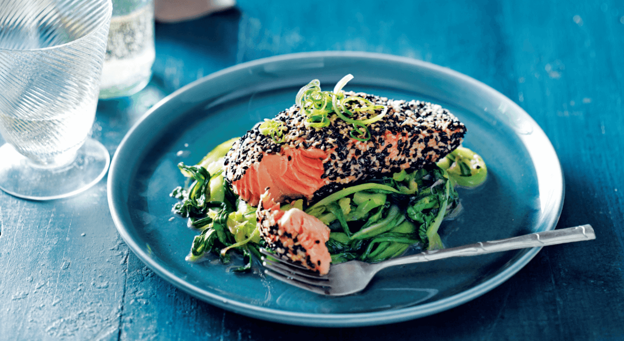 Sesamzalm met honing-paksoi
