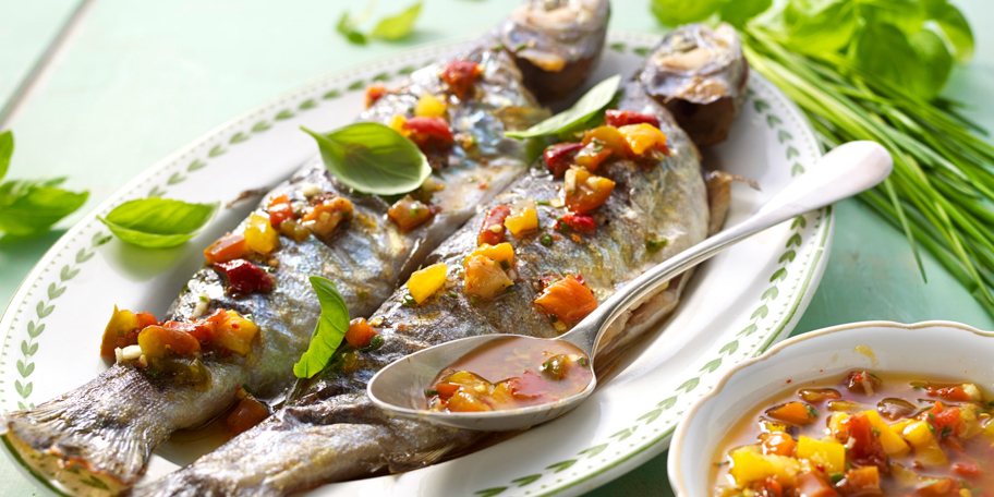 Ardense forel, vinaigrette met citrusvruchten en gegrilde paprika\'s