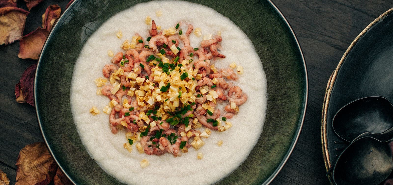 Puree van knolselderij met grijze garnalen