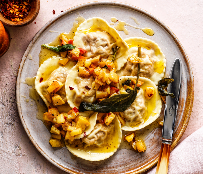 Pompoenravioli met gebakken appeltjesboter